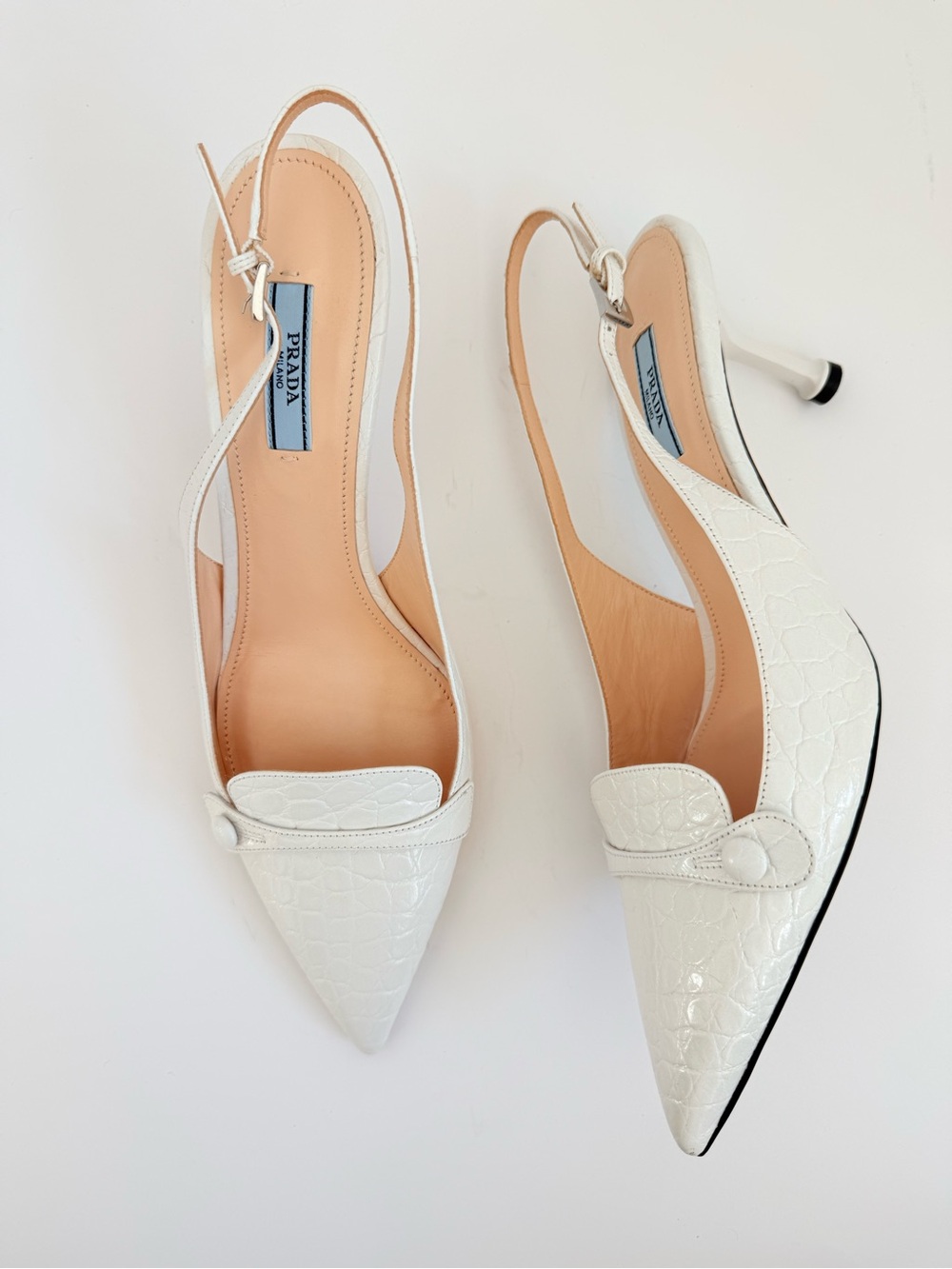 Prada 2019 Archival "St. Cocco 1" White Crocodile embossed Slingback Pumps EU 40